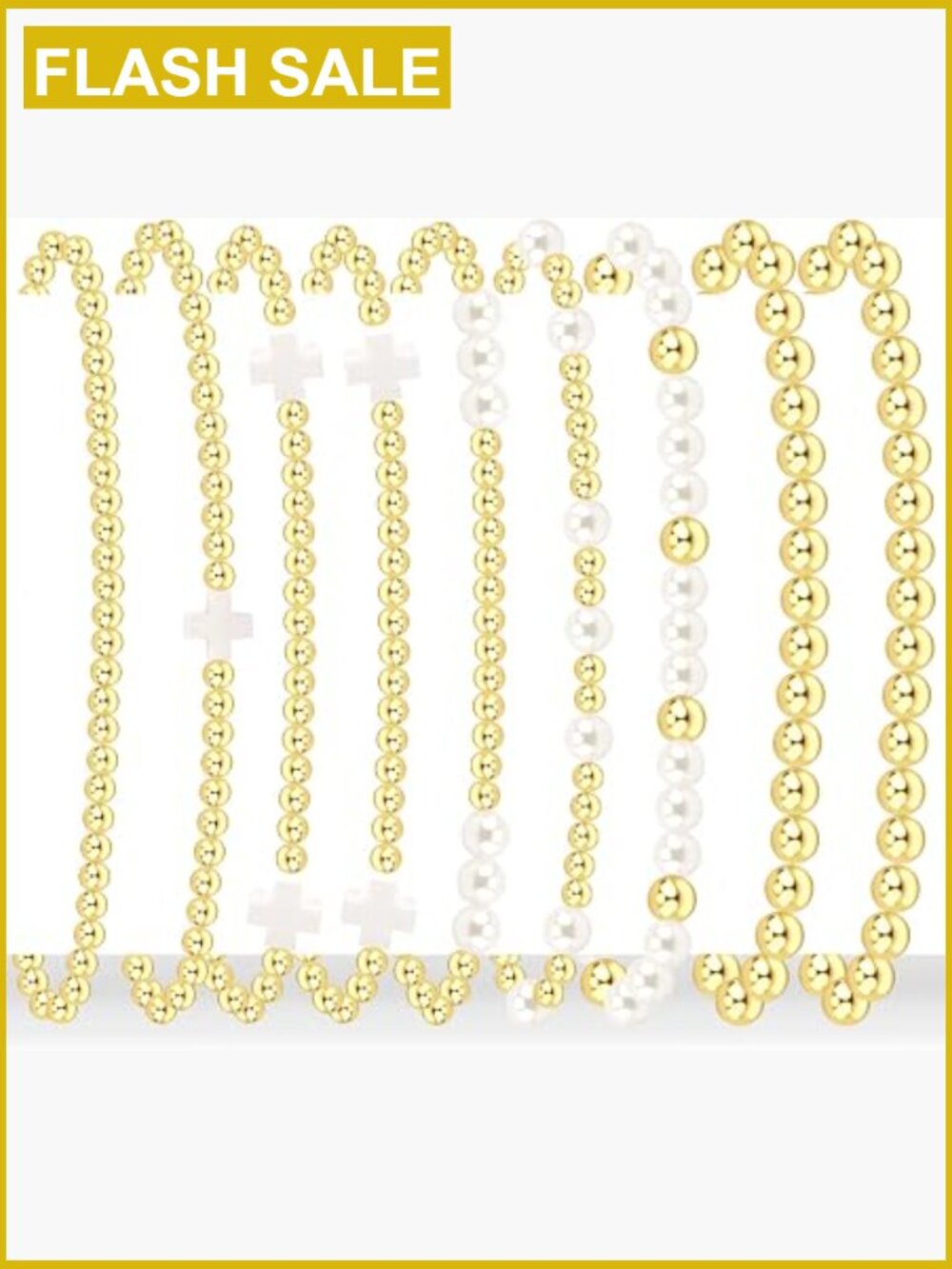 9-Piece Gold Stackable Bracelet Set - Cross & Pearl Stretch Bracelets